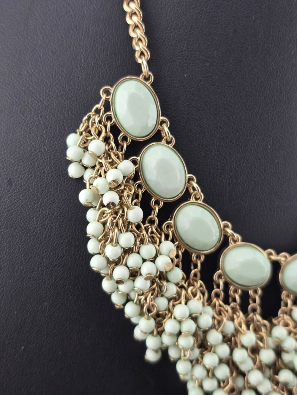 Mint Green Statement Necklace Gold Tone Chain Beaded Fringe Adjustable 21" - Picture 4 of 9